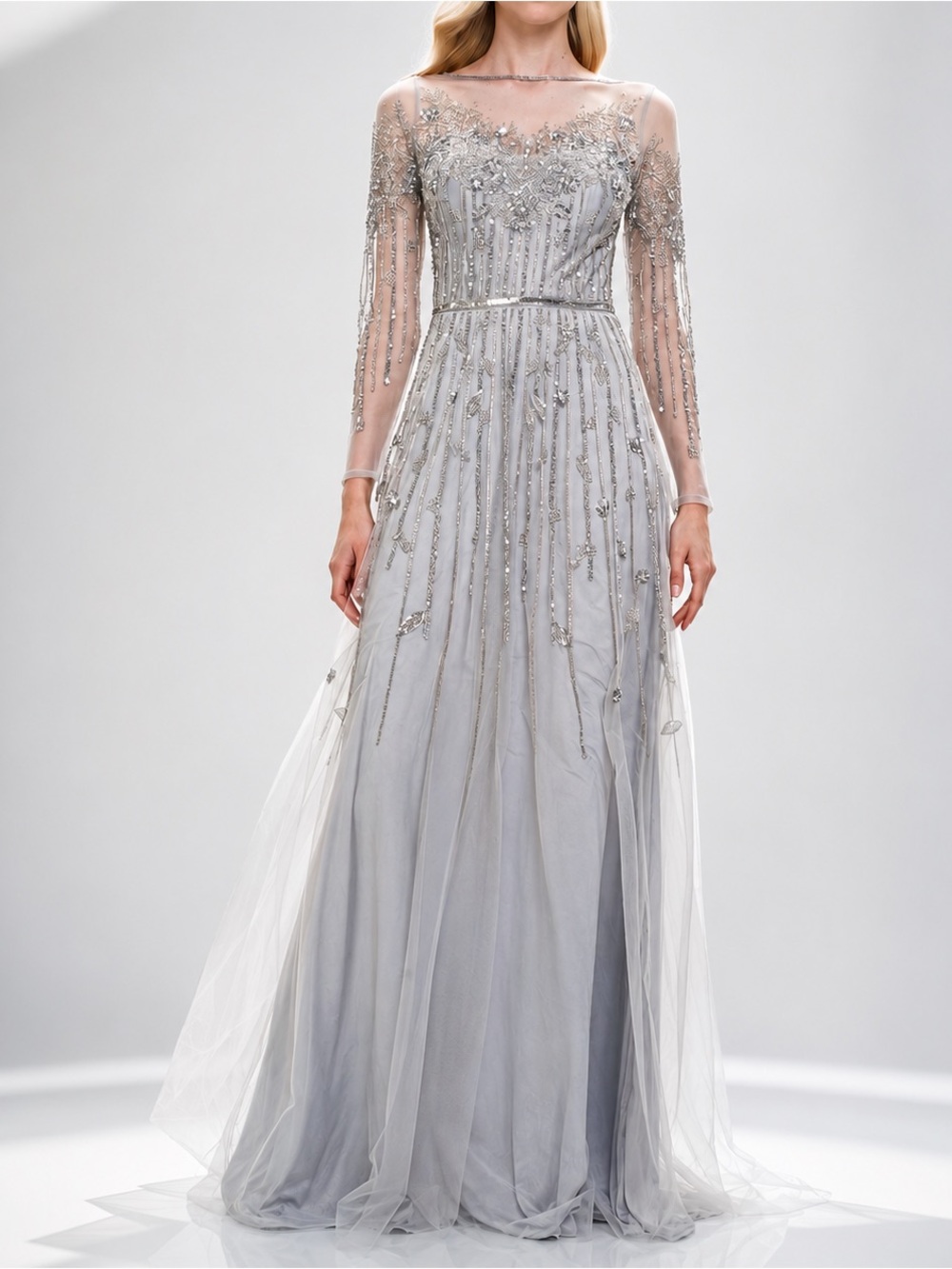Theia Silver Gray Embellished Tulle Maxi Gown